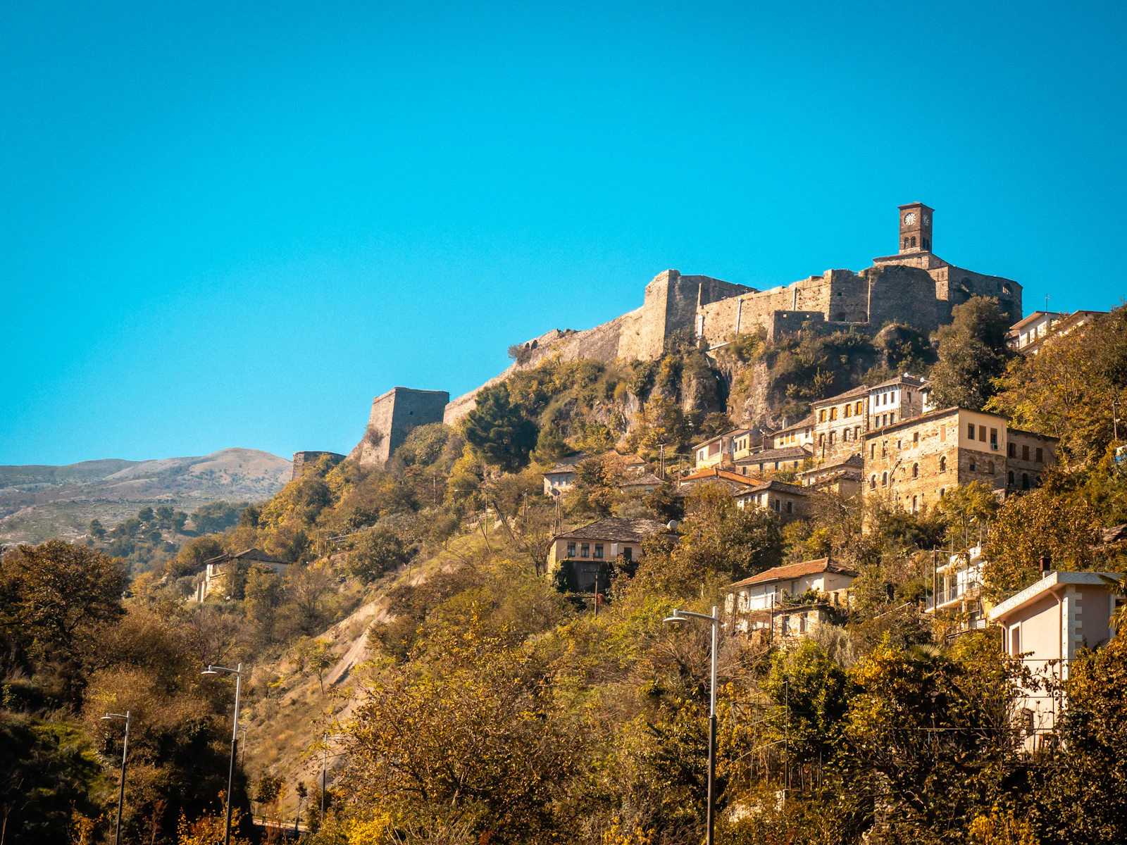 Gjirokastër castle on its ridge above the stone houses of the old town