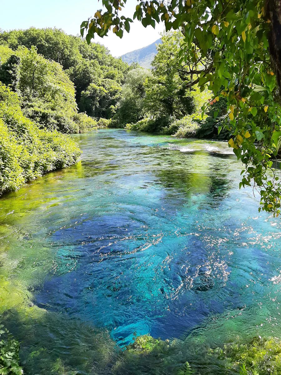 The Blue Eye spring (Syri i Kaltër), deep blue water in the middle of a green river