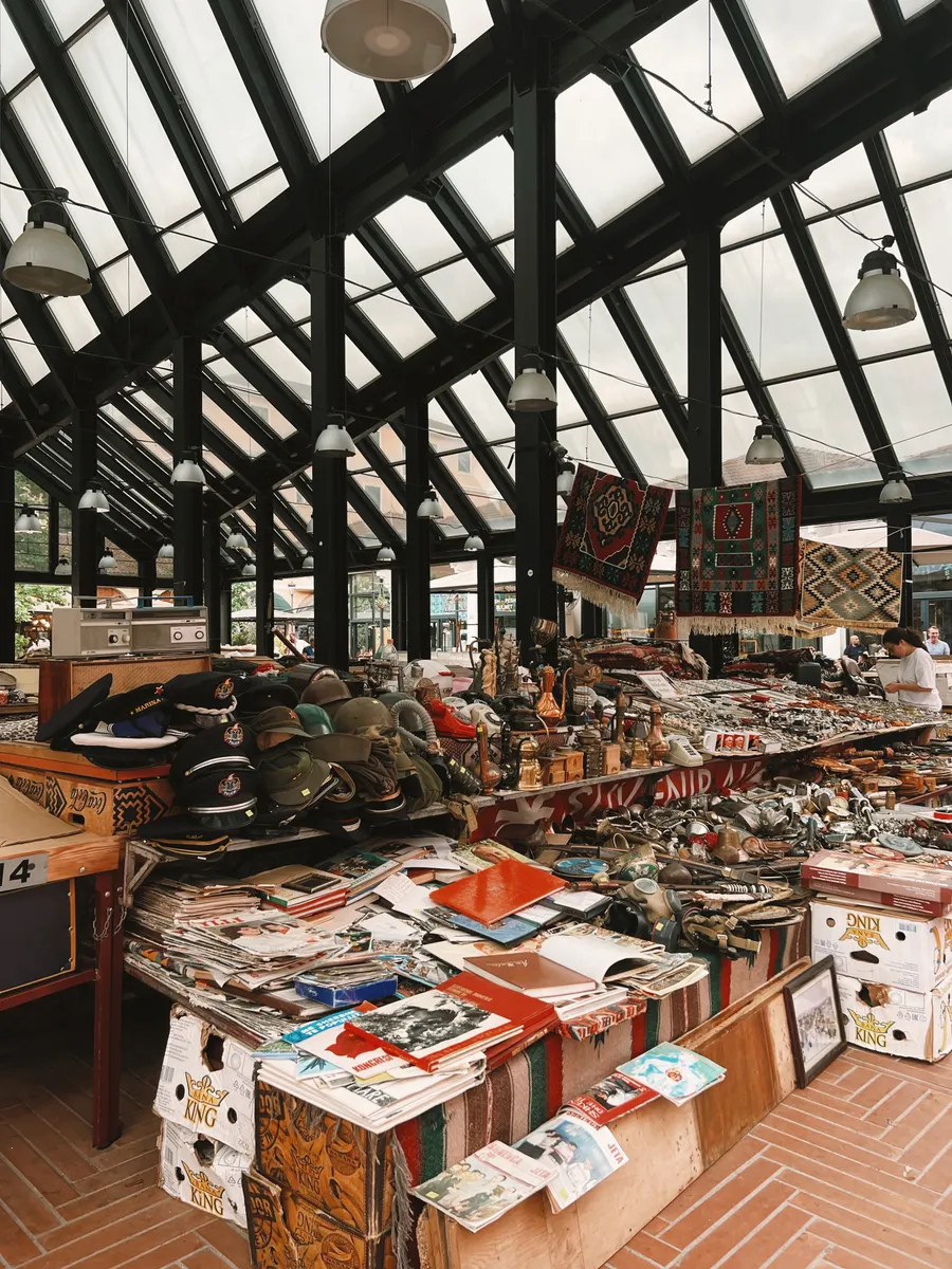 Stalls under the glass roof of the market hall at Pazari i Ri, the New Bazaar in Tirana