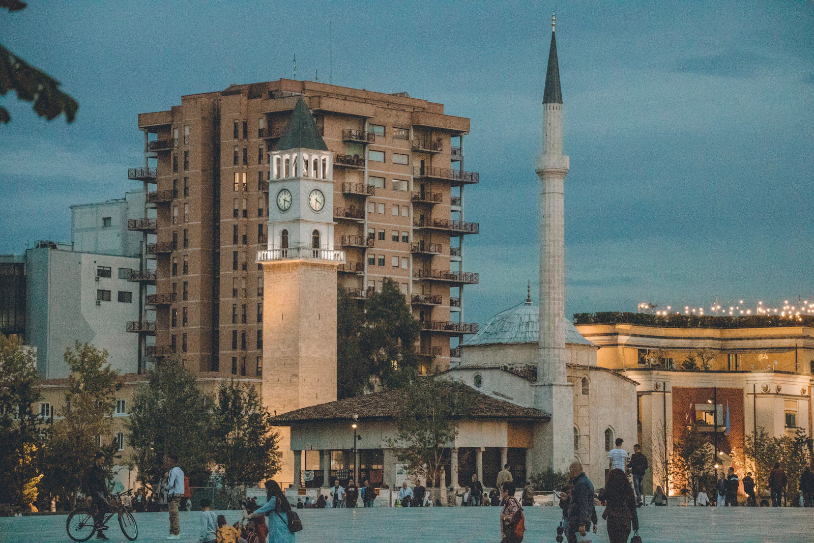 Skanderbeg Square in Tirana at dusk with the Clock Tower and Et’hem Bey Mosque