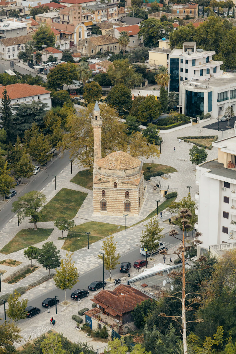 Muradie Mosque and Flag Square in the old centre of Vlorë, seen from above