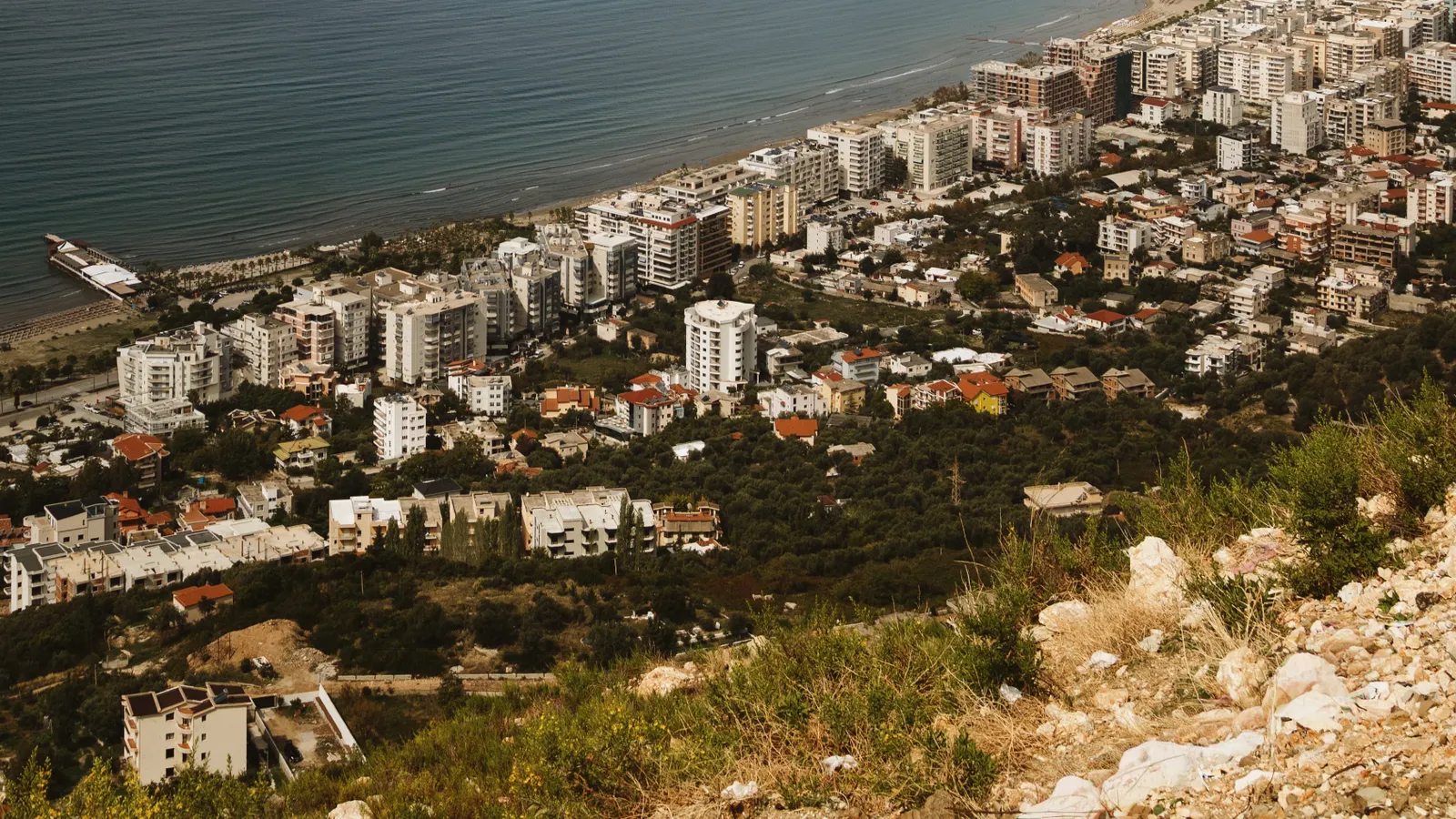 Vlorë bay and the Lungomare seafront seen from the hills above the city